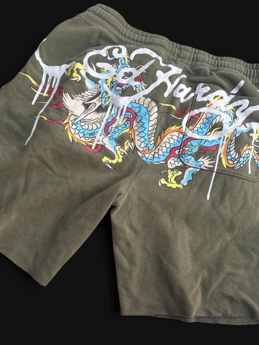 Ed hardyMen's Olive Dragon Graphic Shorts